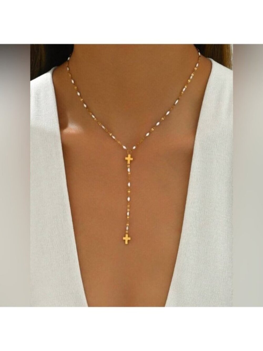 Gold Plated Stainless Steel Cross Beaded Lariat Necklace